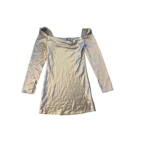 US-2 Princess Polly Star Power Long Slv Green Satin Mini Dress Slip Off Shoulder - Picture 1 of 4